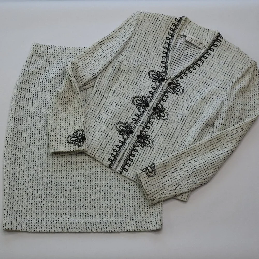 Vintage St John Collection Tweed Suit Sz 4 Made USA Navy White Black Accent - Picture 2 of 16